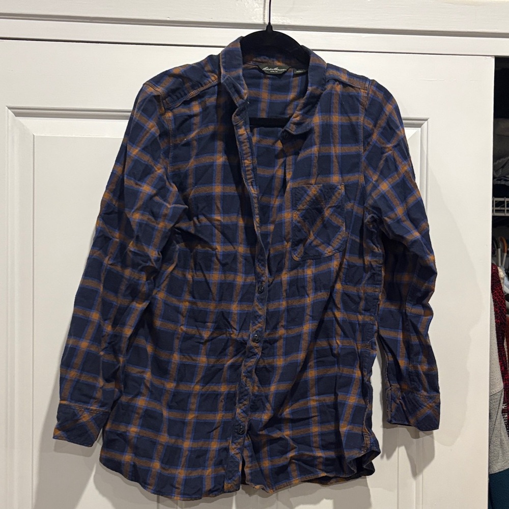 Eddie Bauer Blue and Orange Plaid Button Down Shirt